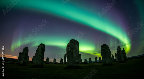 A mystical stone circle under the northern lights, ancient and magical atmosphere