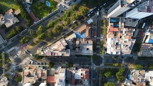 Top-down view of a triangular geometric city block in Lince district, Lima.