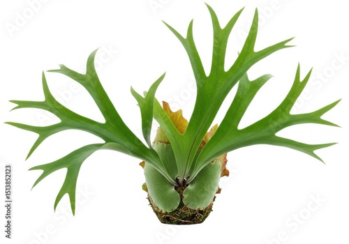 Staghorn fern isolated on white background for botanical illustration and home decor.