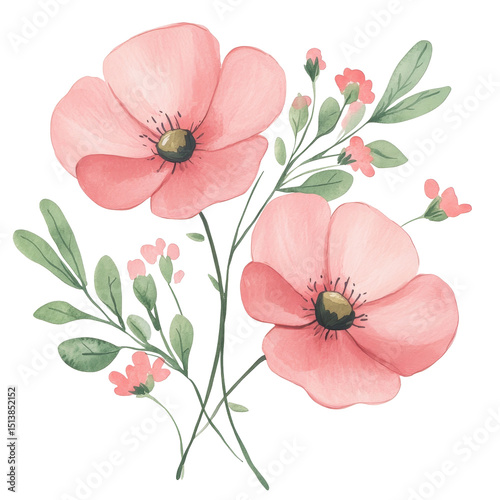 Beautiful illustration of pink flowers with green leaves, conveying sense of freshness and nature. delicate petals and vibrant colors create cheerful atmosphere