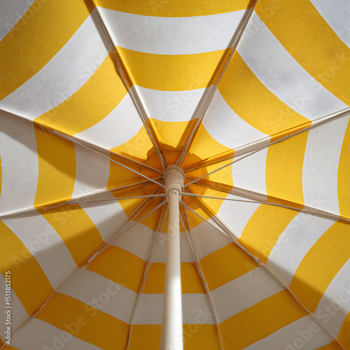 Looking up at a yellow and white striped beach umbrella with a central pole and supporting ribs pattern