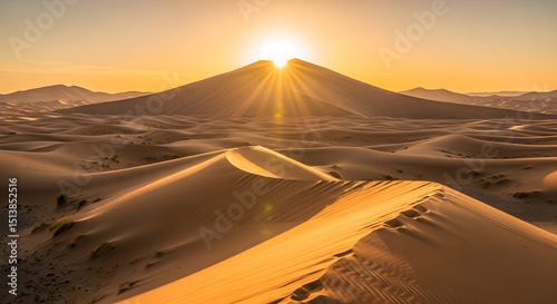 A towering sand dune in the Sahara at sunrise, endless desert with golden light