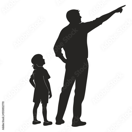 Silhouette of a man pointing with a girl looking up next to him against a white background image