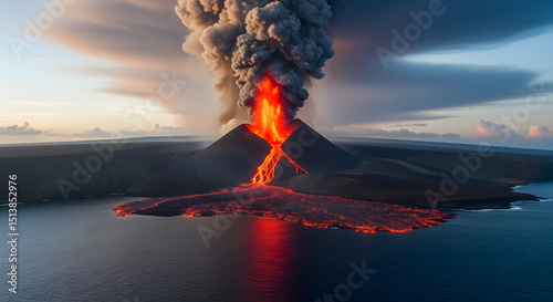 A massive erupting volcano with lava flowing into the ocean, steam and smoke filling the sky