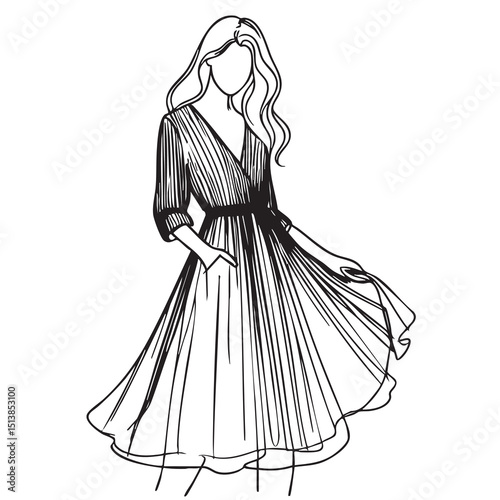 Girl in linen light dress. fashion sketch