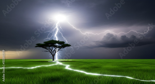 A massive thunderstorm over a savanna, lightning striking near a lone acacia tree