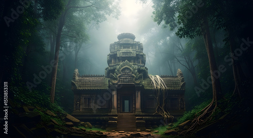 A hidden temple in the jungle, overgrown with vines and surrounded by mist, ancient and mysterious