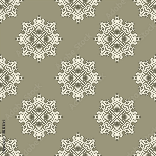 Seamless monochrome pattern with abstract round star shape mandalas.