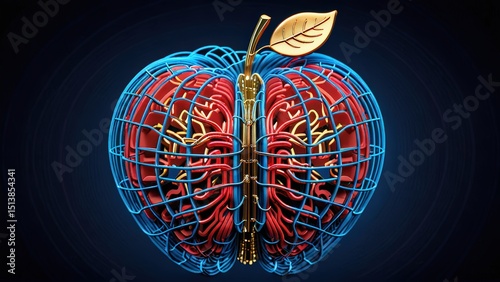 Digital art rendering of an apple inside a red wireframe brain on a dark blue background