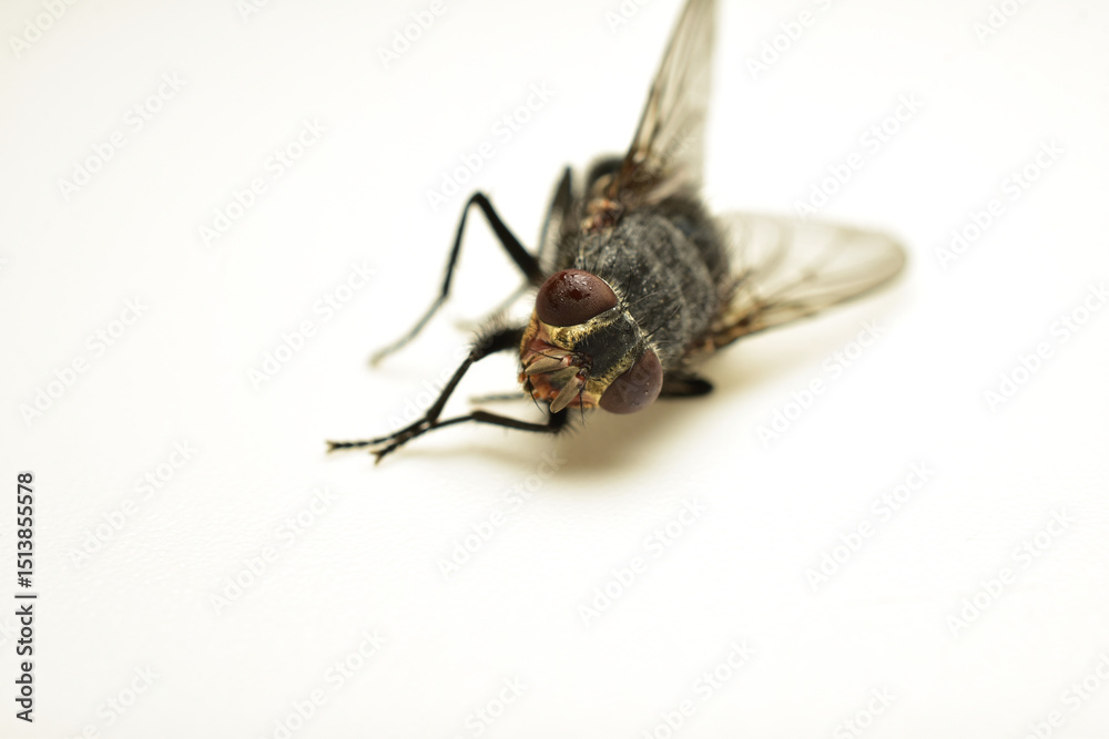 Fototapeta premium A common grey housefly lies on its side on a white background.