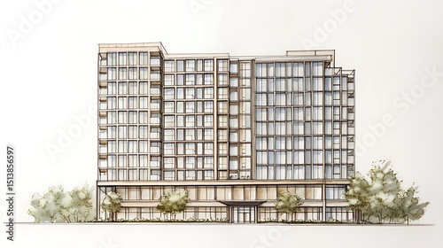 Architectural Sketch of a Contemporary Building with Trees, Facade Design, Modern Urban Structure, Construction Project, and Residential Real Estate.