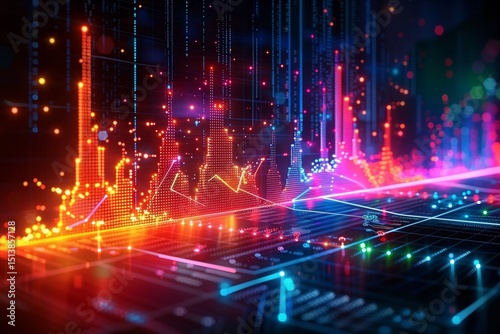 Vibrant Digital Data Landscape: Illuminated Graphical City, Dynamic Information Visualization