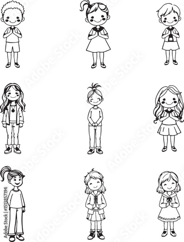 Cartoon Kids Collection Hand-Drawn Boys and Girls in Black and White Outfits