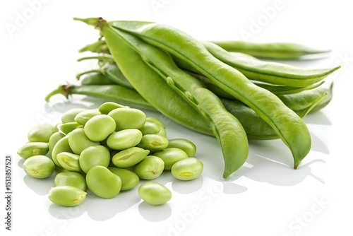 Fresh green fava beans and pods displayed on a white reflective surface