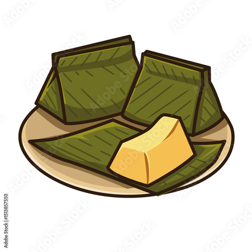 Vector Illustration of Traditional Indonesian Snack Wrapped in Banana Leaves Called Barongko