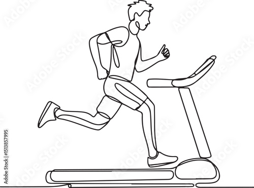 Continuous line drawing of a young man running on a treadmill, minimalist vector illustration in black outline style

