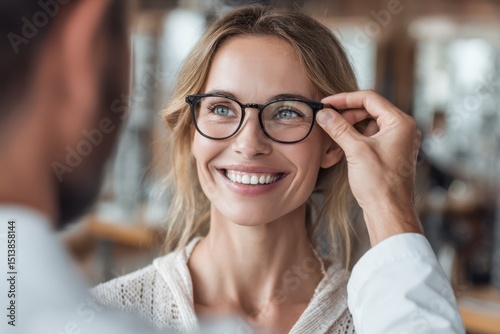 Smiling Woman Trying On New Glasses at Optometrist Clinic – Eyewear Fitting and Vision Correction Concept