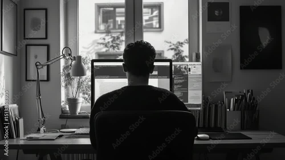 Young man working at desk with computer in a modern home office  