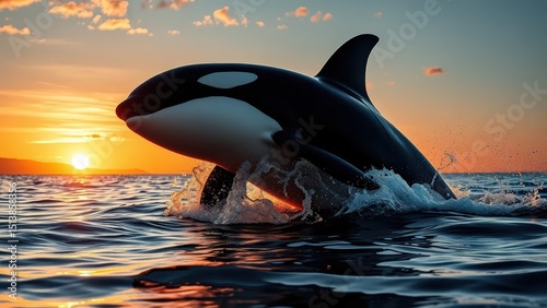 Orca wildlife appearing on the surface of the sea at sunset