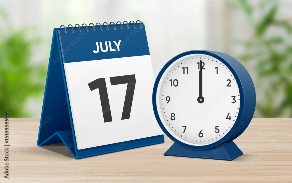 Date 17 July 12 oclock. July 17 desk calendar and round table clock showing time 12 00. Realistic calendar and clock composition 3d illustration. Scheduled date and time planner design