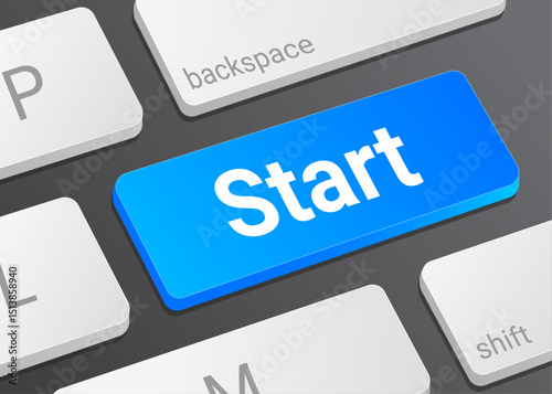 Close Up Start Button on Laptop or Computer Keyboard for System Activation, Process Initiation, User Interface, and Technology 3D Illustration