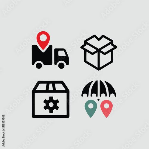 Delivery and Logistics Icon Set Featuring Truck with Location Pin Open Box Box with Gear and Umbrella with Pins
