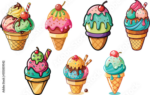 set of waffle ice cream cone vector illustration
