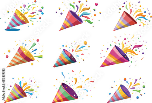 set of Confetti Popper and Explosion party popper vector illustration