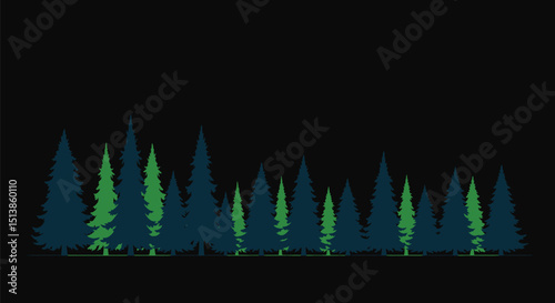 Flat vector schematic of conifer trees in architectural CAD side view, minimal symbol set for forest design in landscaping