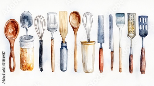 Watercolor kitchen utensils