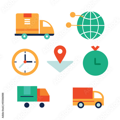 Delivery and Logistics Flat Design Icons Set with Truck Globe Clock Location Pin and Timer for Business and E Commerce