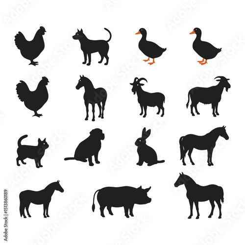 Farm animal vector silhouettes. Set includes common barnyard animals in black. Flat design elements for agricultural or countryside concepts