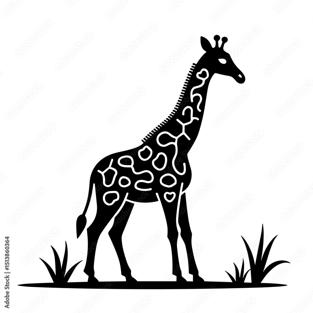Obraz premium Black and white vector drawing of a giraffe standing in grass with patterns for design and printing