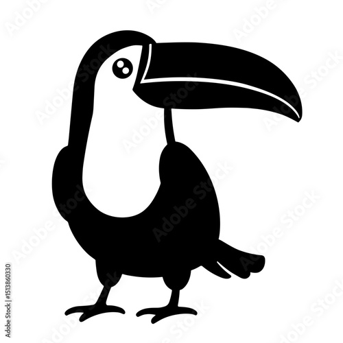 Silhouette black and white vector of a toucan standing upright with large beak for design and printing