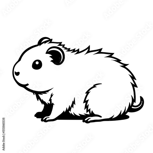 Black and white hand-drawn vector of a fluffy guinea pig in side view for design and printing