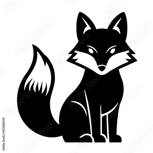 Stylized black and white vector drawing of a sitting fox with fluffy tail for design and printing