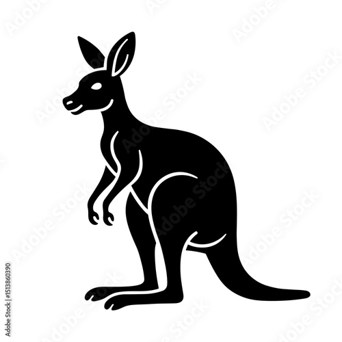 Silhouette black and white vector of a kangaroo sitting upright with large tail for design and printing