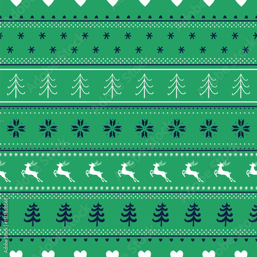 Christmas Striped Pattern with Deer, Fir Trees, Snowflakes, Hearts. Seamless Print. Christmas Background. Merry Christmas, Happy New Year Design. Vector illustration in Green, Blue, White