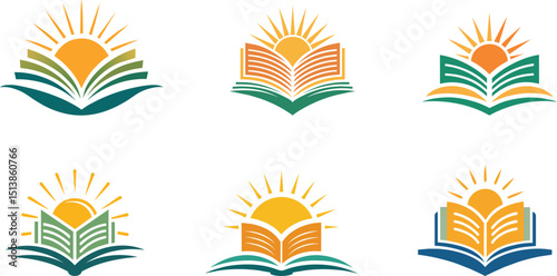 set of  abstract educational logos with book and sun shape vector illustration