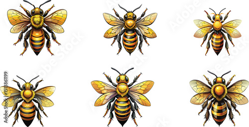 set of realistic honey bee and bumblebee logo vector illustrations