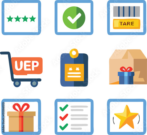Set of Nine Flat Design E Commerce Icons Depicting Star Ratings Check Marks Tare Weight Shopping Cart and Gifts