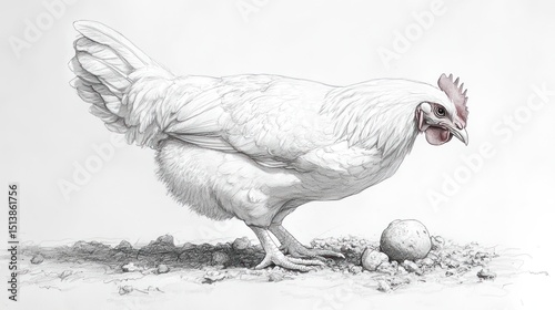 White hen foraging on dirt