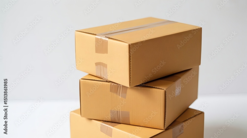 Fototapeta premium Three stacked cardboard boxes, sealed with tape. , cardboard boxes on white
