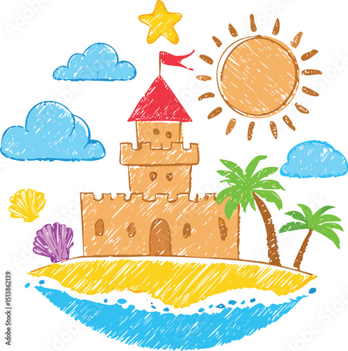 Summer beach icon. Sea vacation vector. Crayon doodle sticker set with sun, palm, shell, flower, watermelon, coral, sand castle. Chalk travel illustration.fun, illustration, vector, beach, 