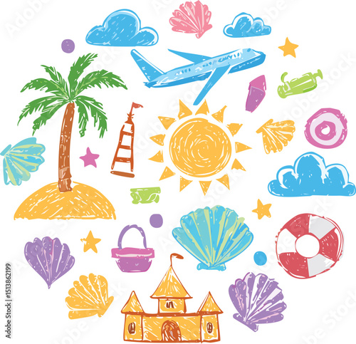 Summer beach icon. Sea vacation vector. Crayon doodle sticker set with sun, palm, shell, flower, watermelon, coral, sand castle. Chalk travel illustration.fun, illustration, vector, beach, 