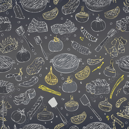 Barbecue Kebab food pattern. Hand drawn vintage steakhouse elements chalk wall. Grill bbq vector. Restaurant line background with doodle chicken, beef, sauce, pork wallpaper.bar-b-q, illustration,