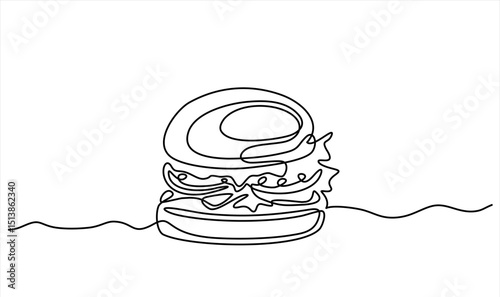 Continuous one line drawing of burger. Single line drawing of hamburger . Silhouette of fast food restaurant burger with cheese, cutlet and salad. Modern design street food logo, banner. Editable	