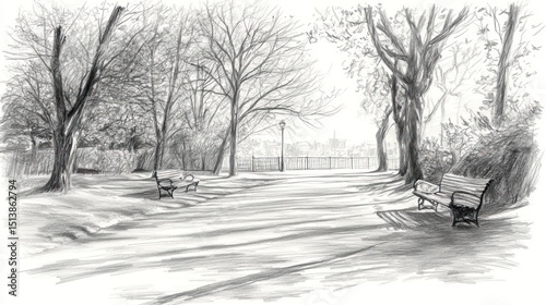 Winter park scene, pencil sketch