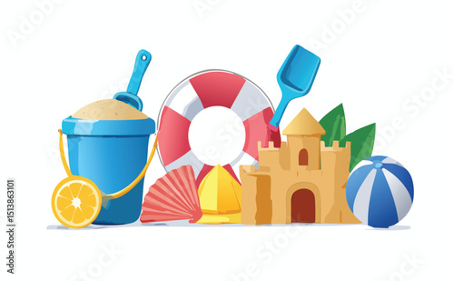 Beach toys in 3d cartoon render. Summer vector icons. Plastic sea vacation objects. 3d ball, inflatable ring, sand mold, sand castle, pinwheel, mask, toy boat, bucket.children, game, mask, play, 
