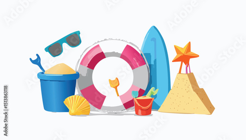 Beach toys in 3d cartoon render. Summer vector icons. Plastic sea vacation objects. 3d ball, inflatable ring, sand mold, sand castle, pinwheel, mask, toy boat, bucket.children, game, mask, play, 
